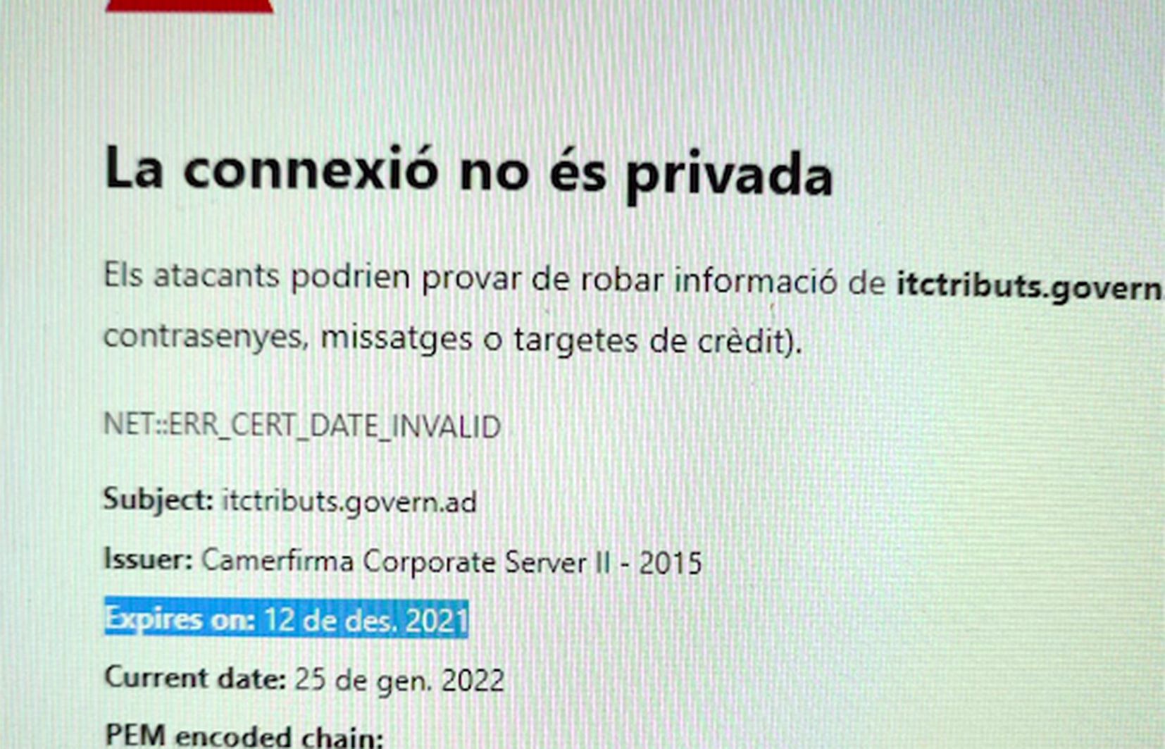 Missatge d'error en intentar accedir a l'oficina virtual de tributs.