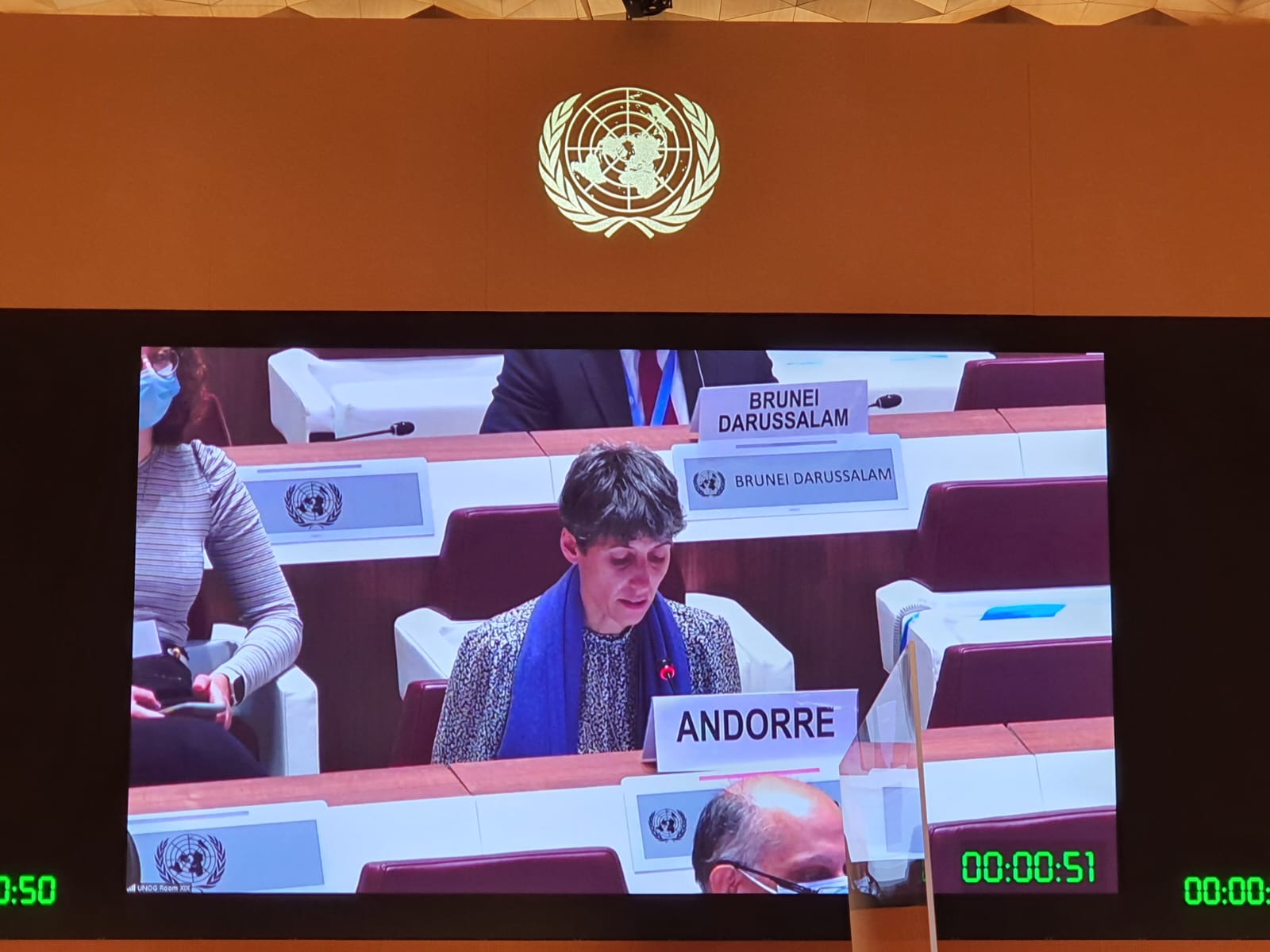 Imatge a la pantalla de sala durant la intervenció andorrana.