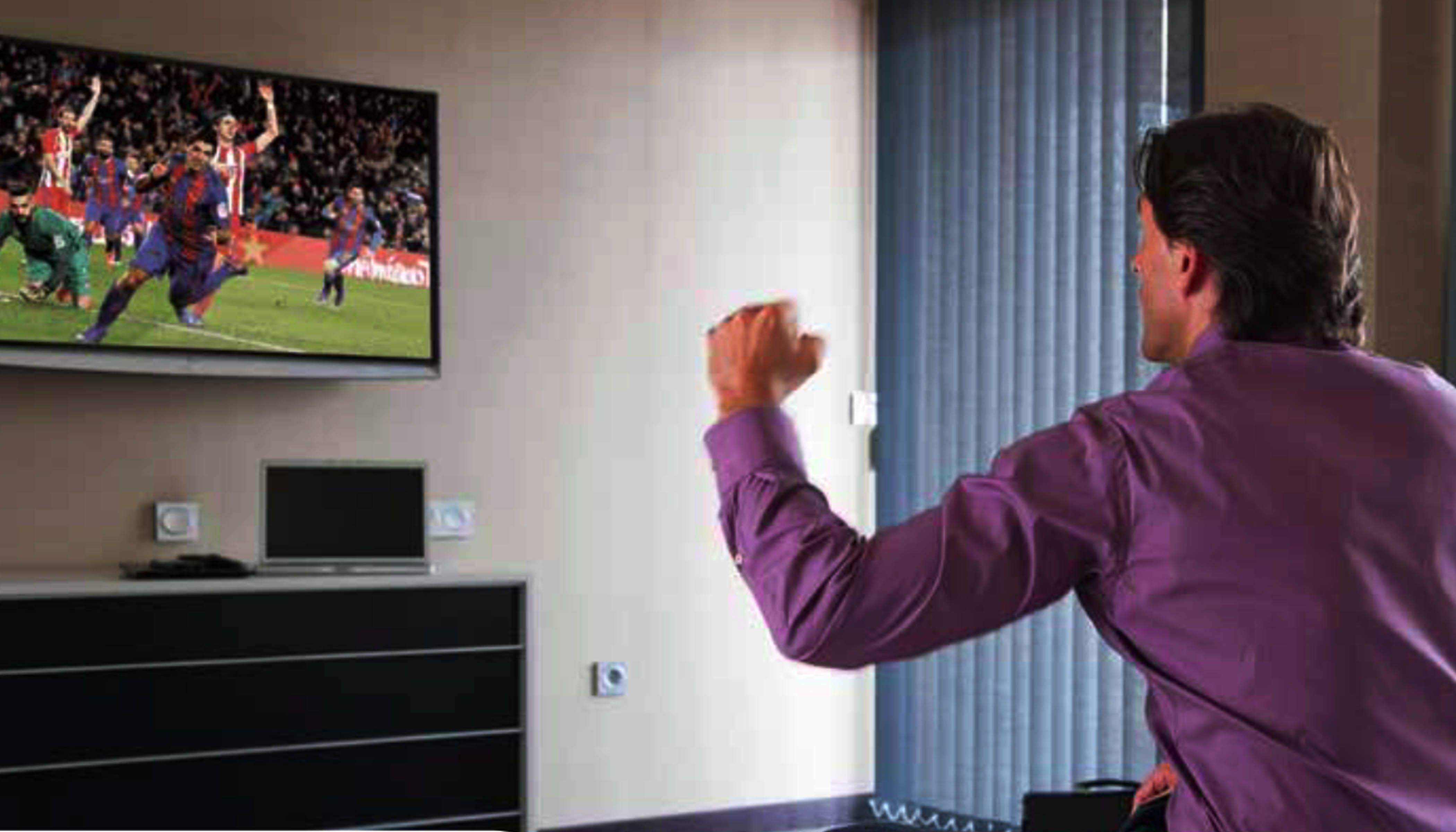 Un aficionat seguint un partit de futbol per televisió.