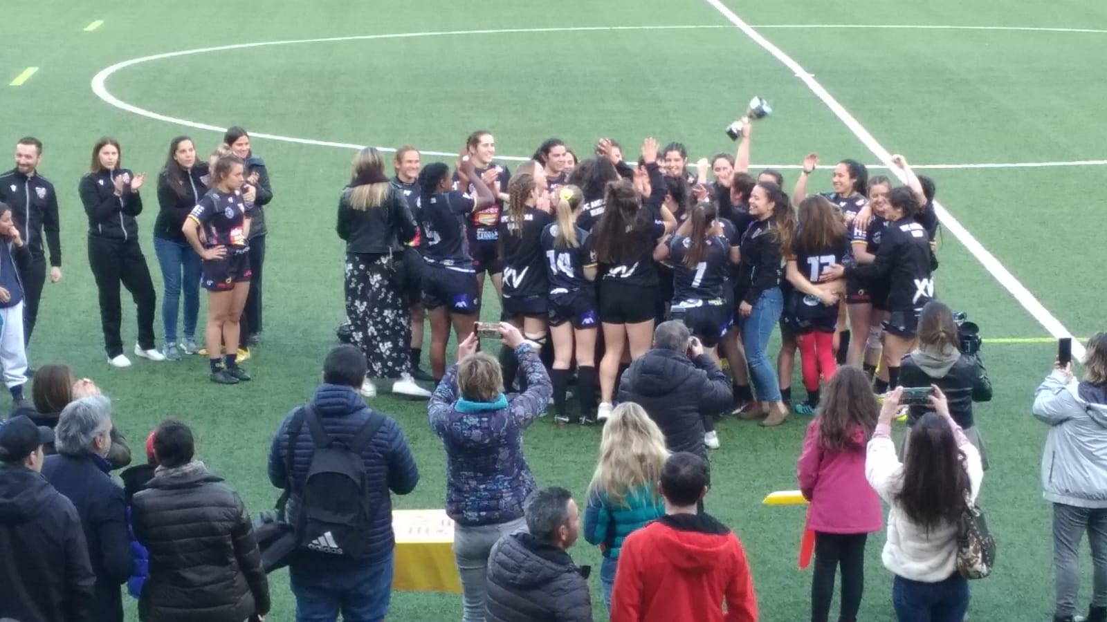 Celebració a la gespa després de la victòria i l'ascens.