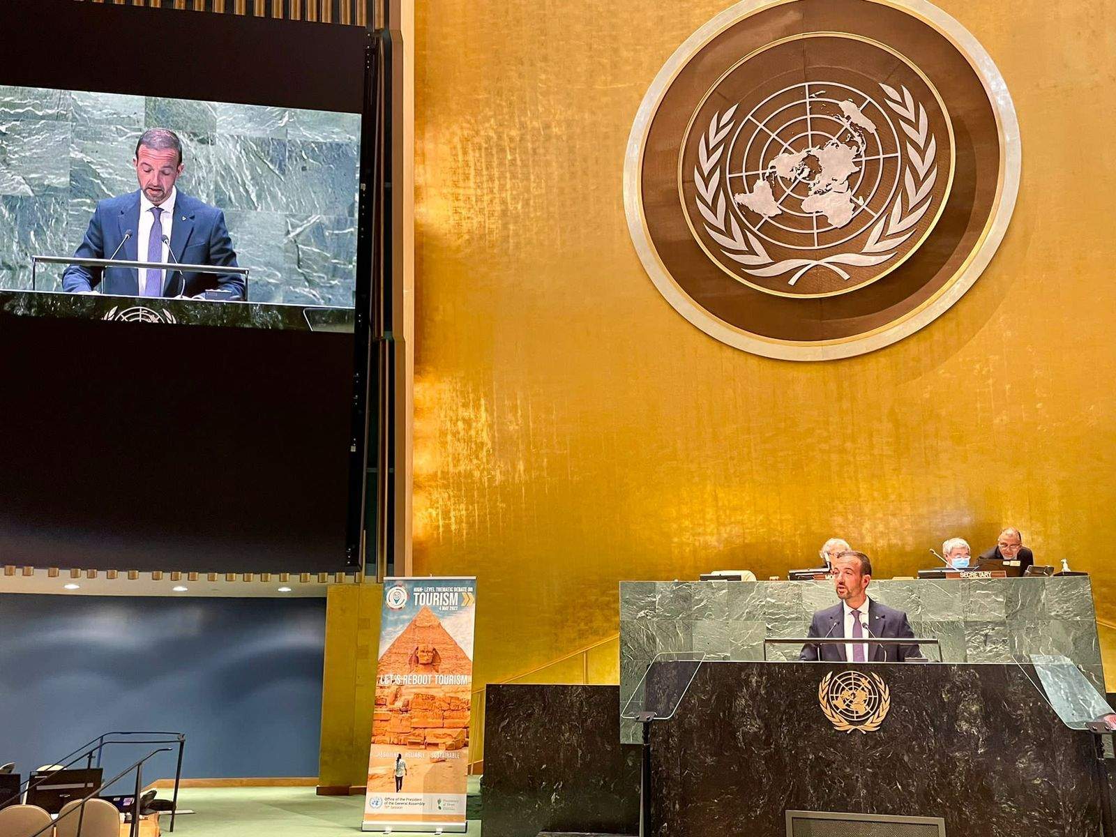 El ministre de Turisme, Jordi Torres, durant la seva intervenció a l'ONU.